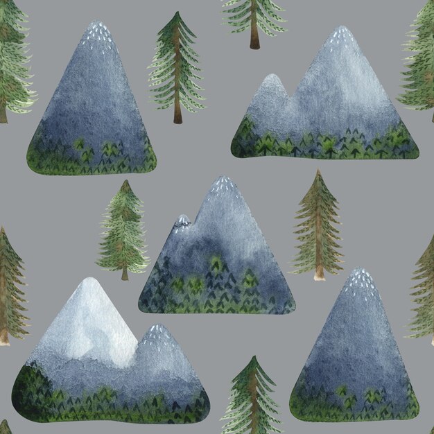 Watercolor seamless pattern pine and mountains