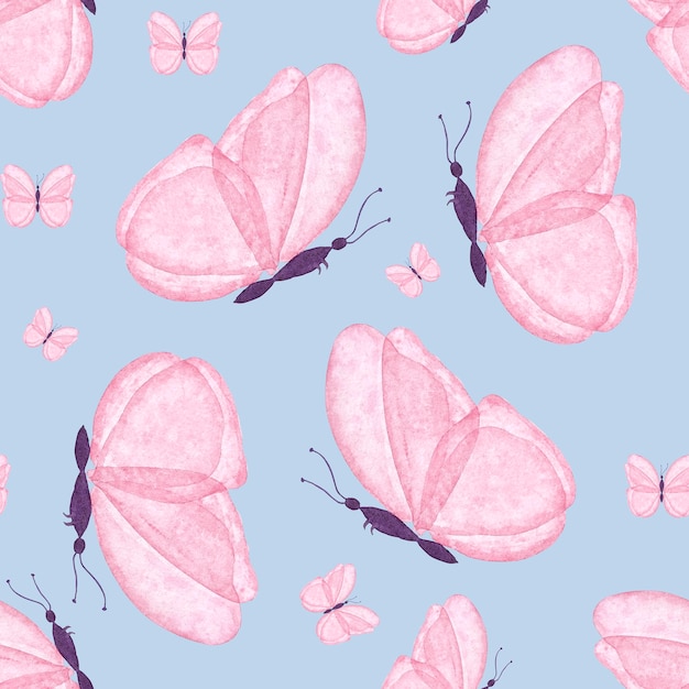 Watercolor seamless pattern pink butterfly on blue background. Digital wrapping paper in botanica