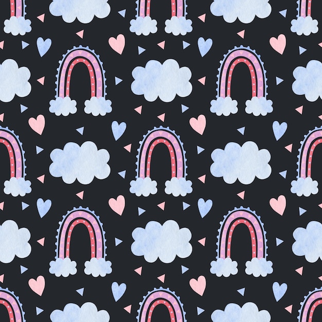 Watercolor seamless pattern of pink rainbows and flowers on a black background