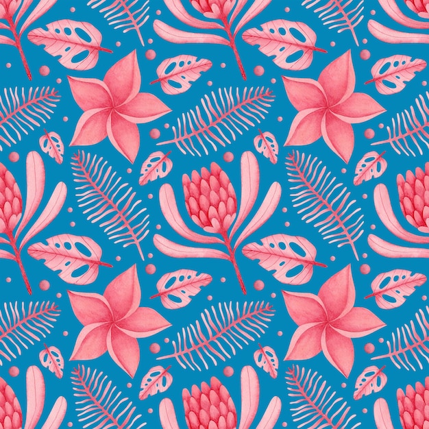 Watercolor seamless pattern of pink tropical leaves on a blue background