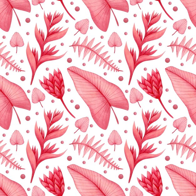 Photo watercolor seamless pattern of pink tropical leaves