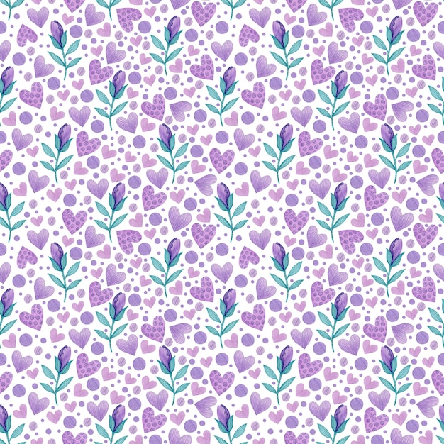 Акварель бесшовные фиолетовые весенние цветы и сердца на белом фоне