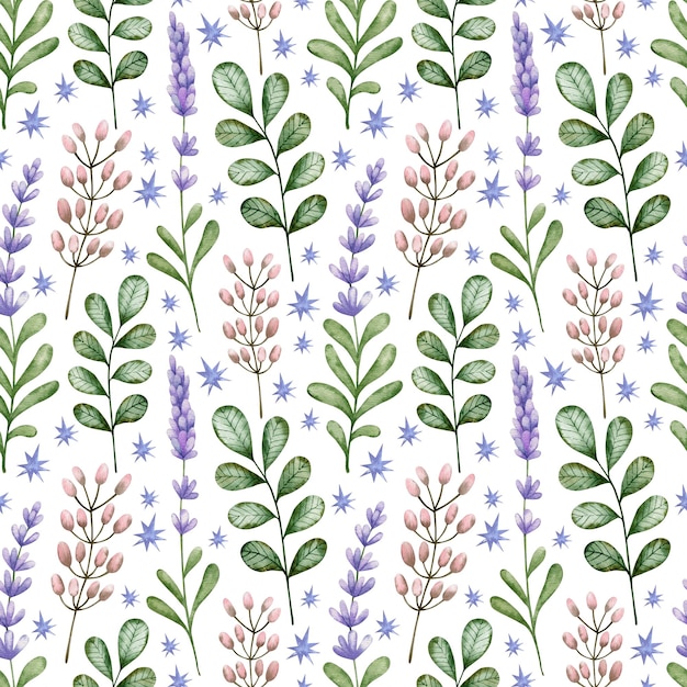 Watercolor seamless pattern purple tulip flowers on a white background.