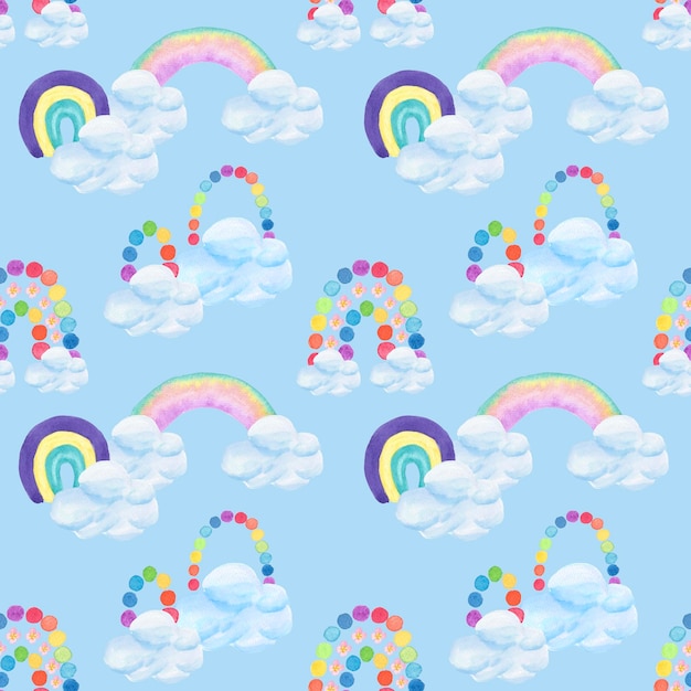 Watercolor seamless pattern rainbow, clouds on blue background hand-painted in children's style