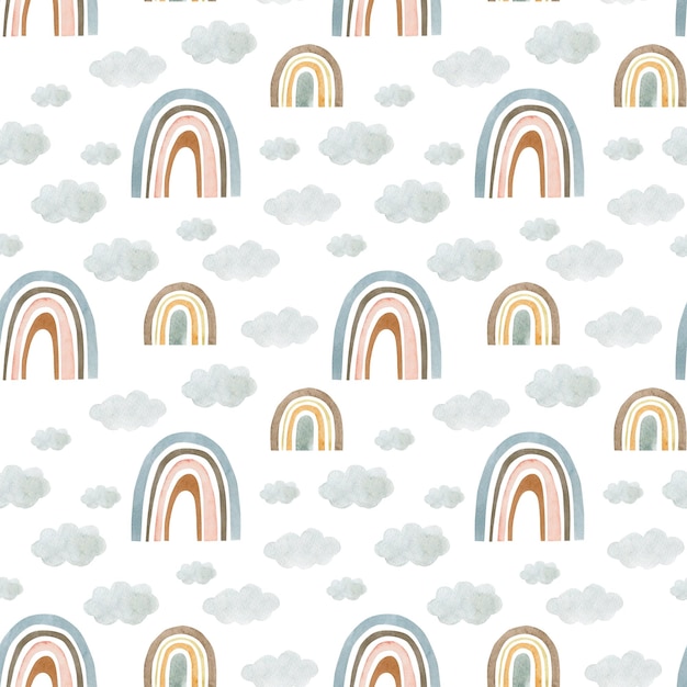 Watercolor seamless pattern rainbow and clouds. Children's background.