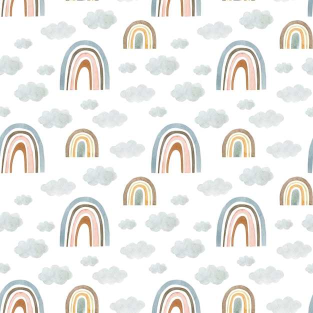 Watercolor seamless pattern rainbow and clouds. Children's background.