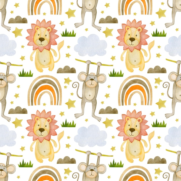 Photo watercolor seamless pattern rainbow lion monkey