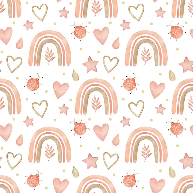 Watercolor seamless pattern rainbows in boho style on a white background