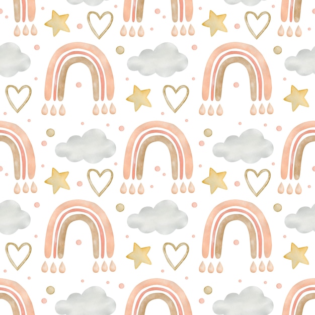 Watercolor seamless pattern rainbows in boho style on a white background