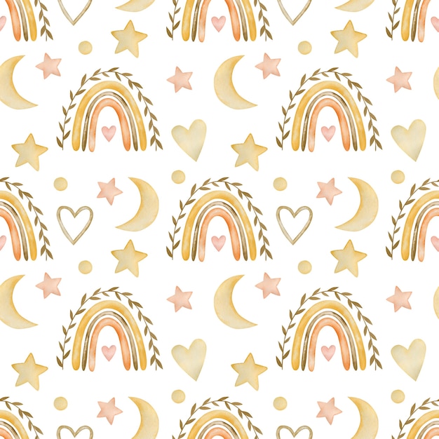 Watercolor seamless pattern rainbows in boho style on a white background