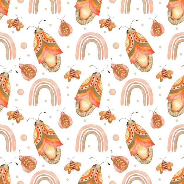 Watercolor seamless pattern rainbows in boho style on a white background