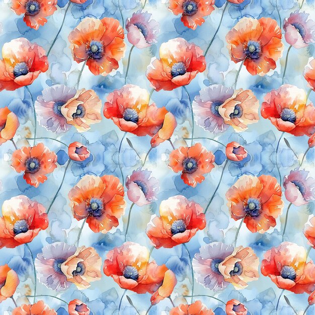 watercolor seamless pattern of red poppy flowers on a blue background