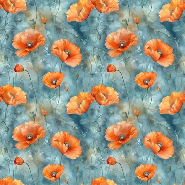 watercolor seamless pattern of red poppy flowers on a blue background