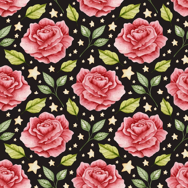 Watercolor seamless pattern of red rose flowers on a black background.