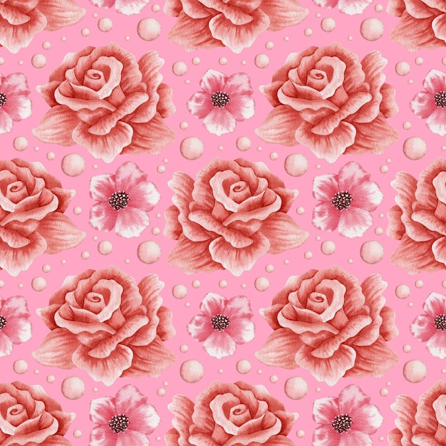 Photo watercolor seamless pattern of red rose flowers on a pink background.