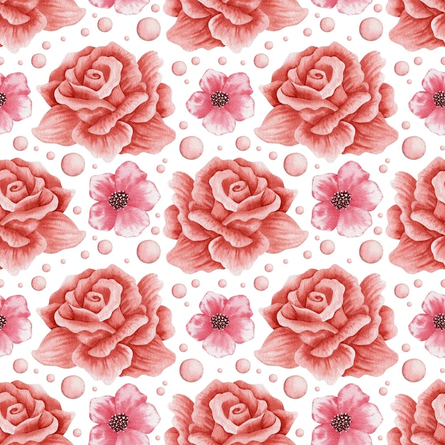 Watercolor seamless pattern of red rose flowers on a white background.