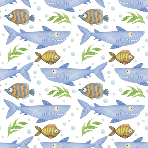 Photo watercolor seamless pattern sea friends shark fish seaweed