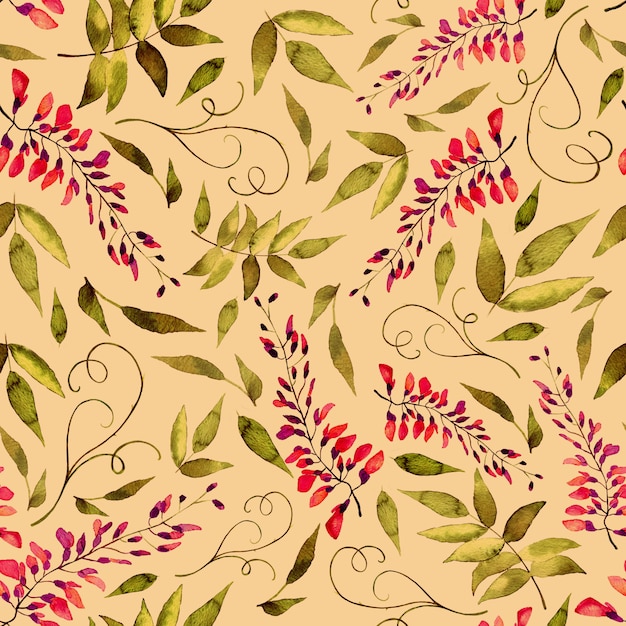 Watercolor seamless pattern of summer flowers and leaves on a light background.