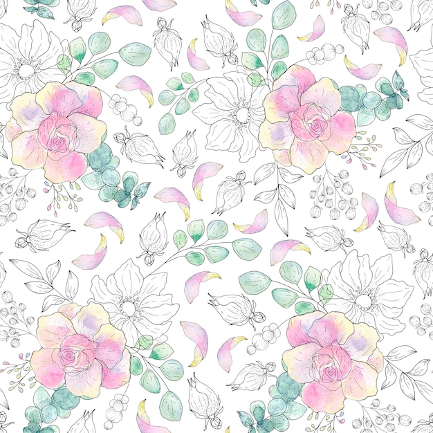 Watercolor seamless pattern of summer leaves on a light