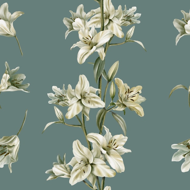 watercolor seamless pattern of white lilies on the sage leaf backgroundsage leaf color for for fabriccards flyers poster bannerstoles wallpaper furniture
