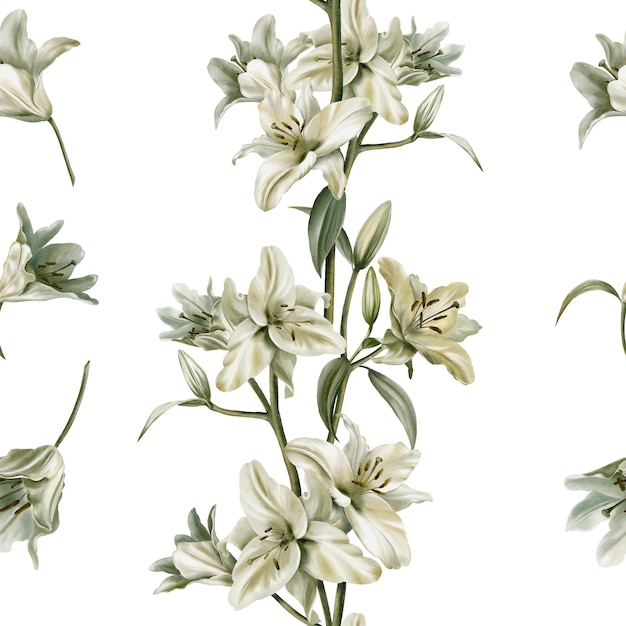 watercolor seamless pattern of white lilies on the white backgroundsage leaf color for for fabriccards flyers poster bannerstoles wallpaper furniture