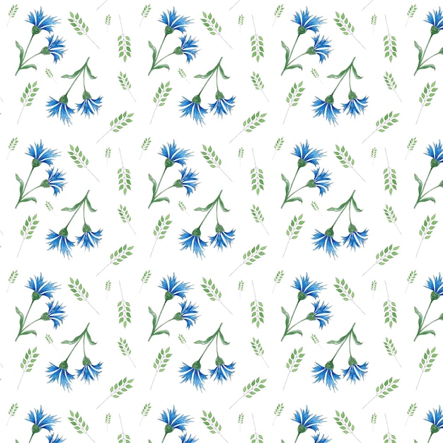 Photo watercolor seamless pattern wildflowers cornflower on white background hand painted botanical style