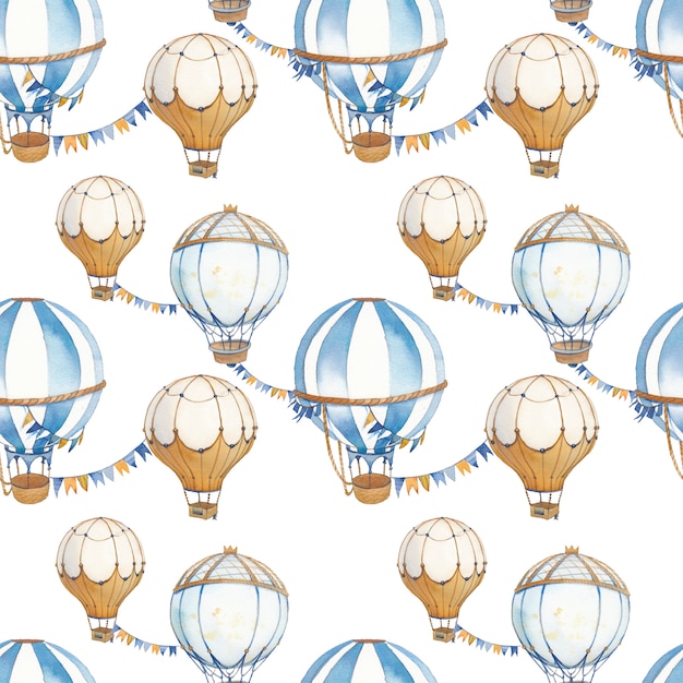 Photo watercolor seamless pattern with air balloon and garlands