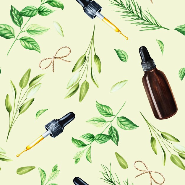 Watercolor seamless pattern with aromatic herbs with bottles of serum Illustrations of fresh rose