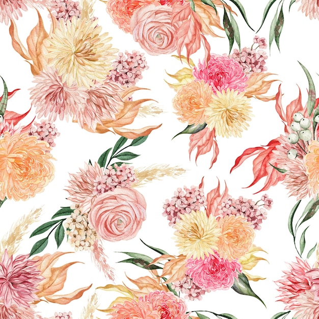 Watercolor seamless pattern with autumn flowers chrysanthemums ranunculus berries and leaves