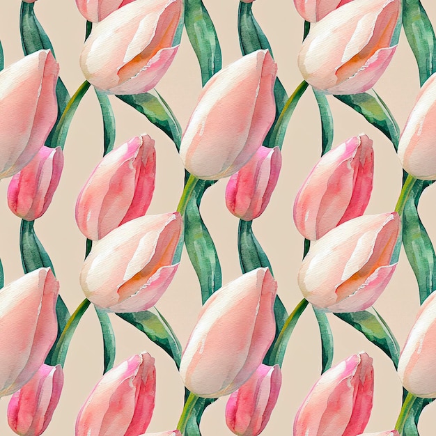 Watercolor Seamless pattern with beautiful tulips Gentle design for fabric wrap paper or wallpaper Created with Generative AI