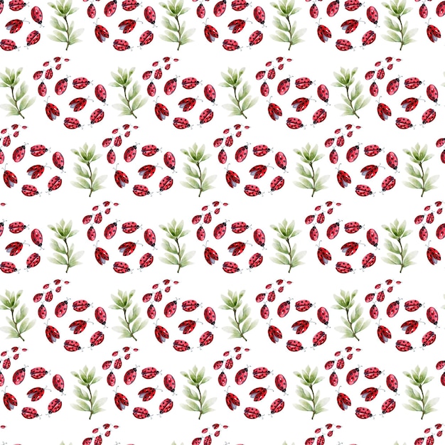 Watercolor seamless pattern with beetles ladybugs and plants