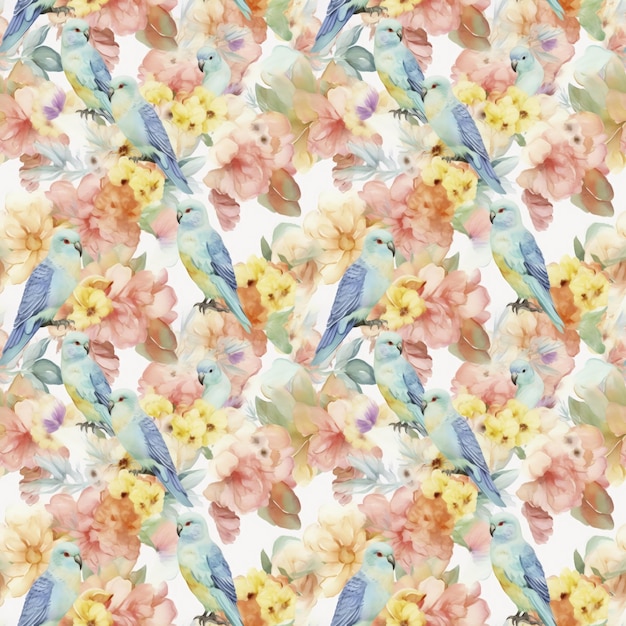 Watercolor seamless pattern with a bird on a branch.