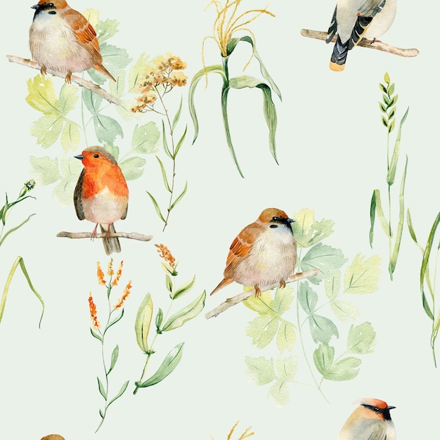 Watercolor seamless pattern with birds