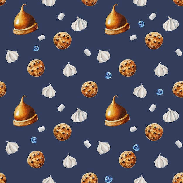 Watercolor seamless pattern with biscuits meringue marshmallows blueberry orange souffl Hand paintin