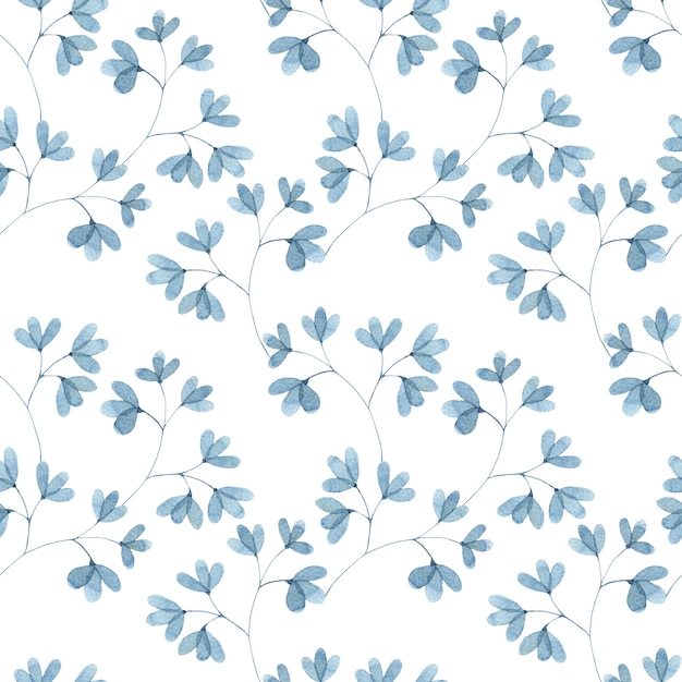 青い葉の小枝の小さな葉と水彩のシームレスなパターン