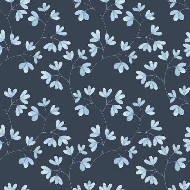 Watercolor seamless pattern with blue leaf twigs small leaves  