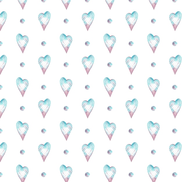 Watercolor seamless pattern with blue and pink hearts and polka dot. Romantic background.