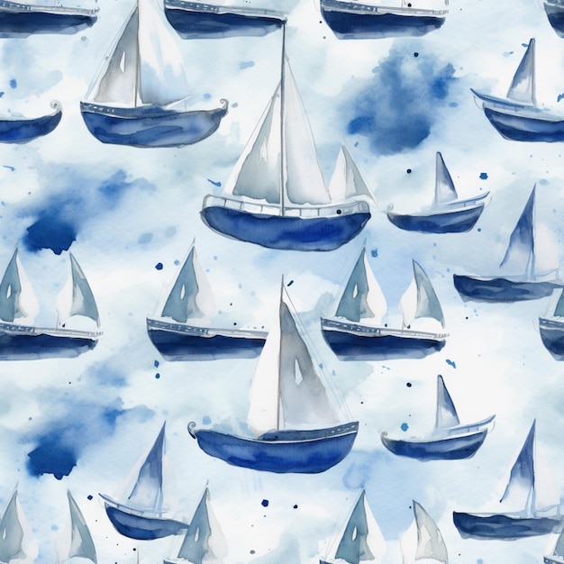 Watercolor seamless pattern with boats in the sky