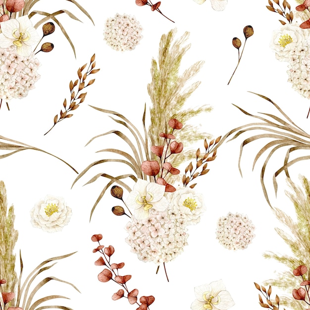 Watercolor seamless pattern with boho bouquets pampas grass hydrangea eucalyptus orchid