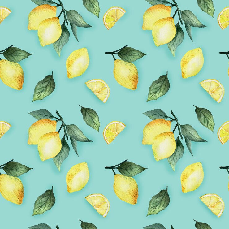 Watercolor seamless pattern with bright yellow lemons and leaves on a blue background, bright summer design.