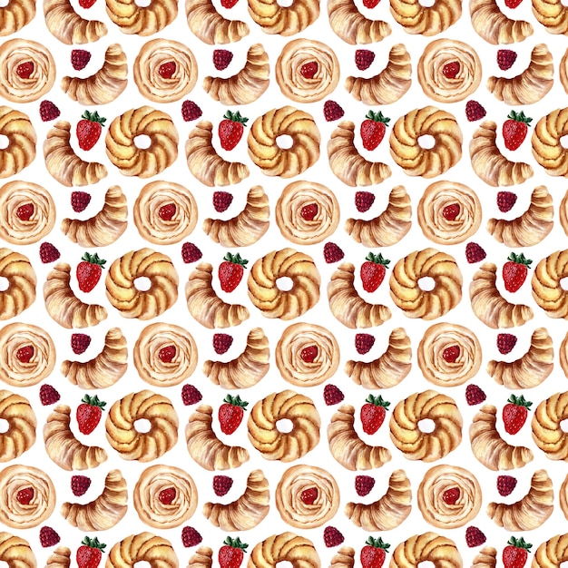 Watercolor seamless pattern with buns, cream cupcakes and ripe strawberries, raspberries and cherrie