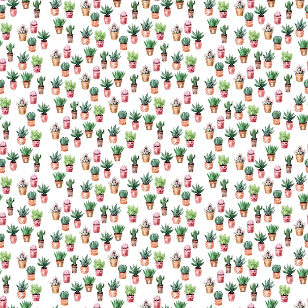 Watercolor seamless pattern with cacti in pots