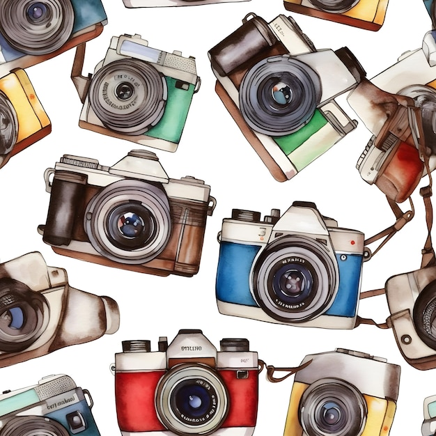 Watercolor seamless pattern with the camera cameras