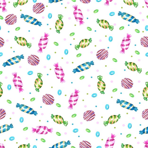 Watercolor seamless pattern with candies and lollipops