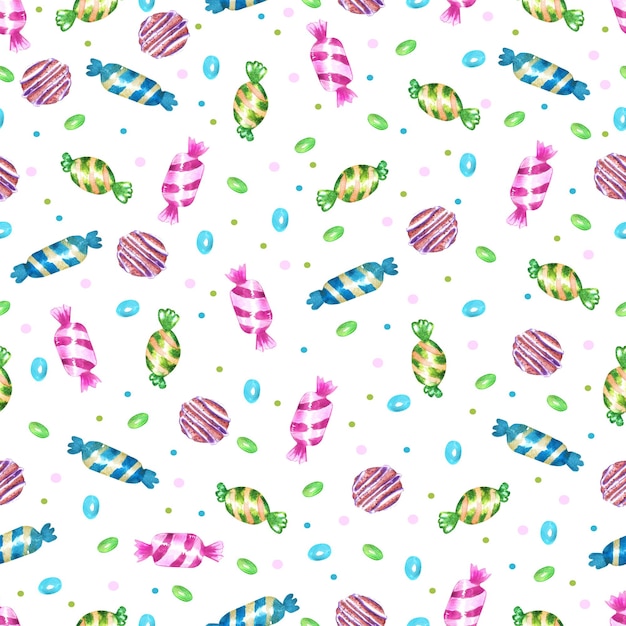 Watercolor seamless pattern with candies and lollipops