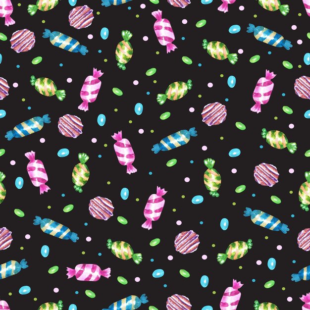 Photo watercolor seamless pattern with candies and lollipops
