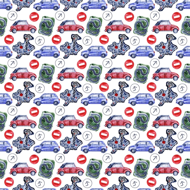 Photo watercolor seamless pattern with cars road signs maps and traffic lights