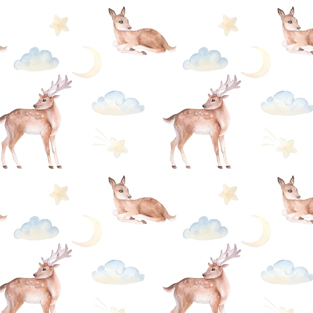 Watercolor seamless pattern with cartoon deer and moon clouds
stars on a white background