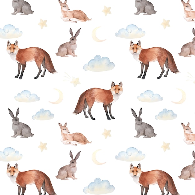 Watercolor seamless pattern with cartoon fox hares and moon clouds stars on a white background