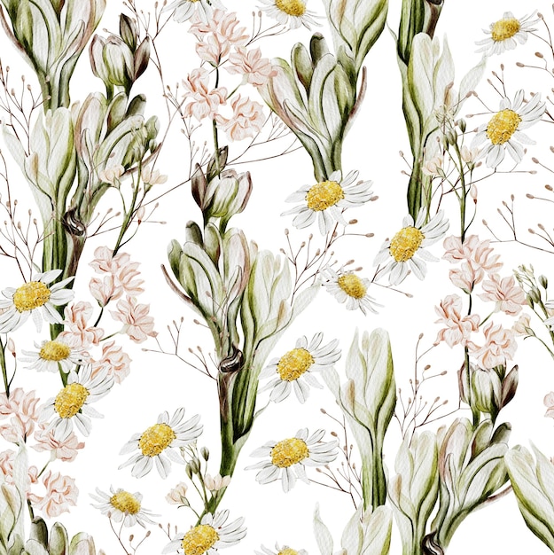 Watercolor seamless pattern with chamomile flowers and wild flowers